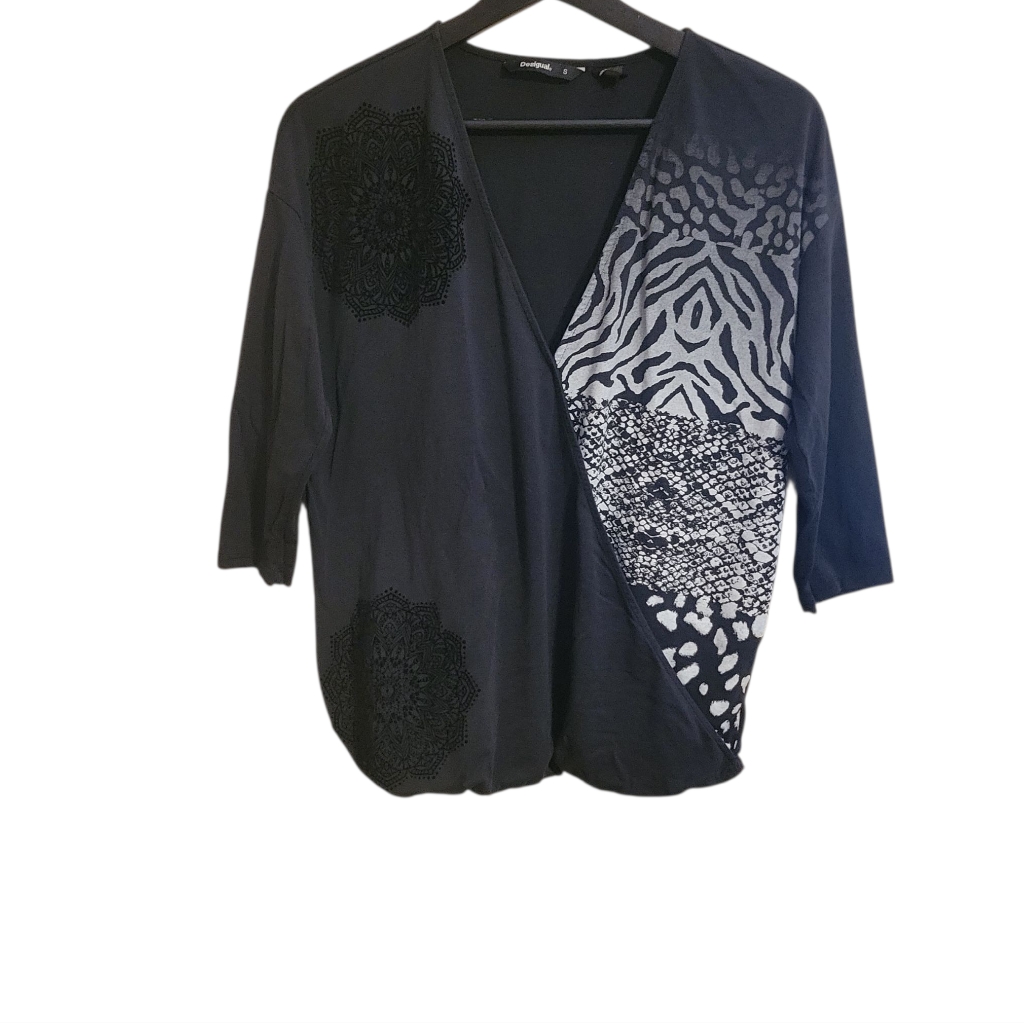 Desigual Black & Gray Mixed-Print Wrap-Style Tunic